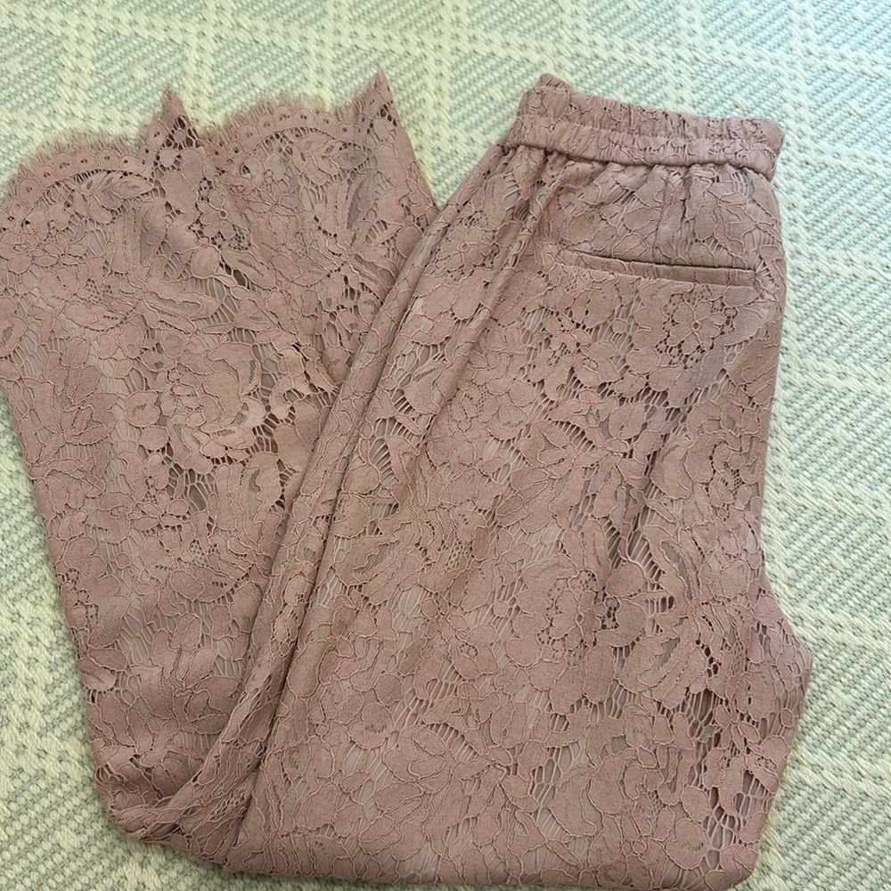 Comfortable and cute pale pink lace pull on pants!